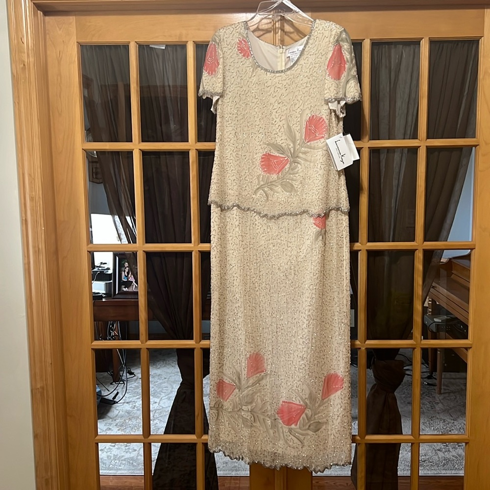 Laurence Kazar Beaded Champagne/Coral Floral Silk Short Sleeve Dress 10P